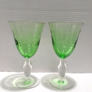 2 Mint Green Hand Blown Controlled Bubble Drinking Glasses.